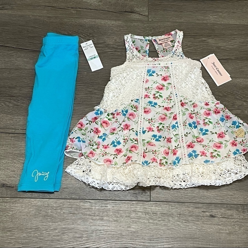Juicy Couture Baby Girl 2-pc Legging Set Floral Pink Blue White 18 M NWT